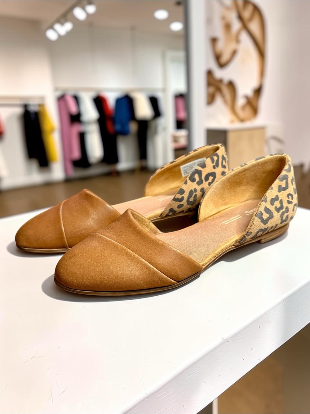 Toms Tan D'Orsay Flats with Leopard Heel Size 7